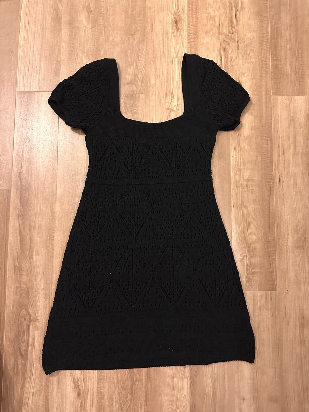 Zara Black Crochet Mini Dress with Square Neck